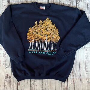 Vintage Aspen Colorado Maiden West Hanes HW Crewneck Sweater Navy Blue Size Lg